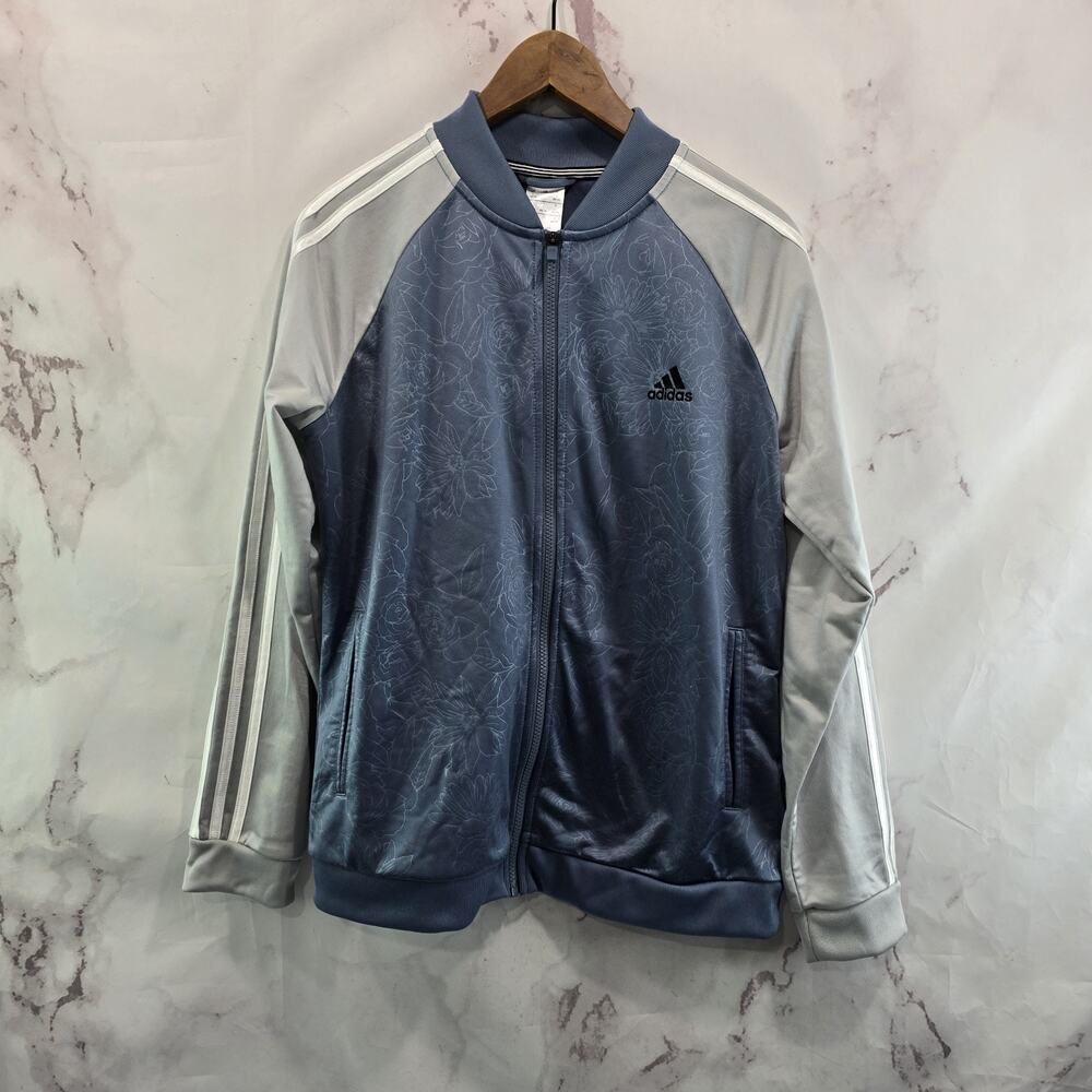 Adidas Jacket Womens Large Blue Floral Track Bomber Active Embossed 3 Stripe